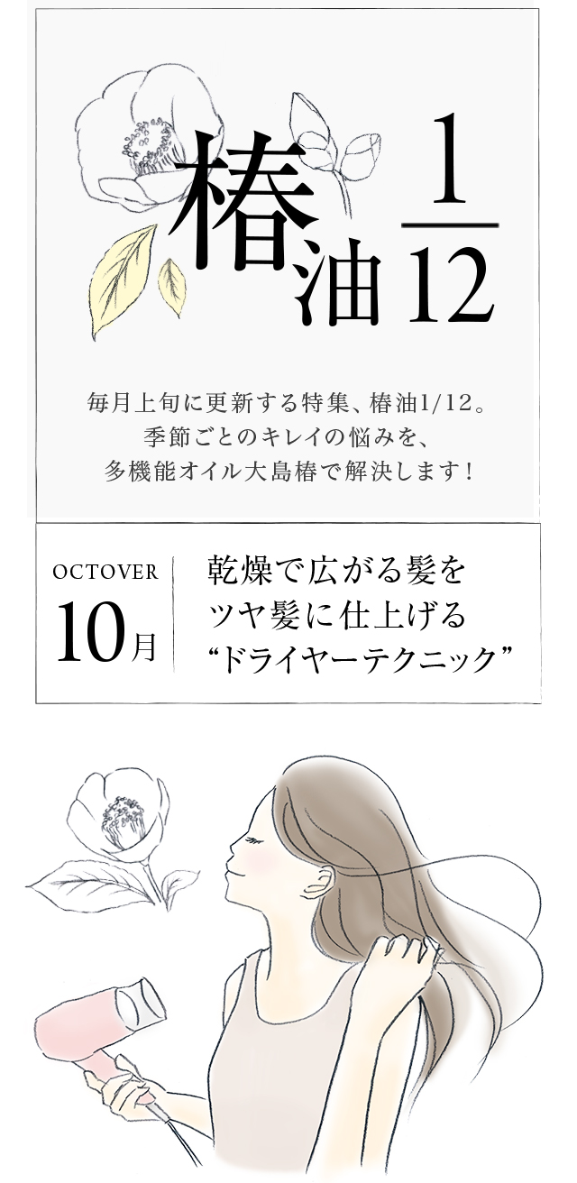 椿油1 12 10月 乾燥で広がる髪をツヤ髪に仕上げる ドライヤーテクニック Oshimatsubaki Hair Care Series 椿油1 12 10月 乾燥で広がる髪をツヤ髪に仕上げる ドライヤーテクニック Oshimatsubaki Hair Care Series